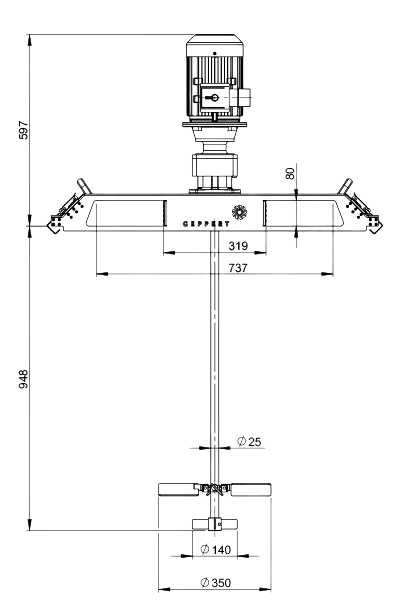 Tegning av Geppert CR-E elektrisk røreverk for plasttanker sett forfra